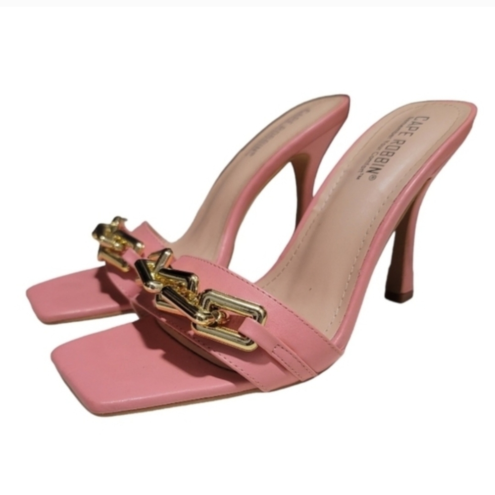 Cape Robbin Pink Gold-Chain High Heel Mules